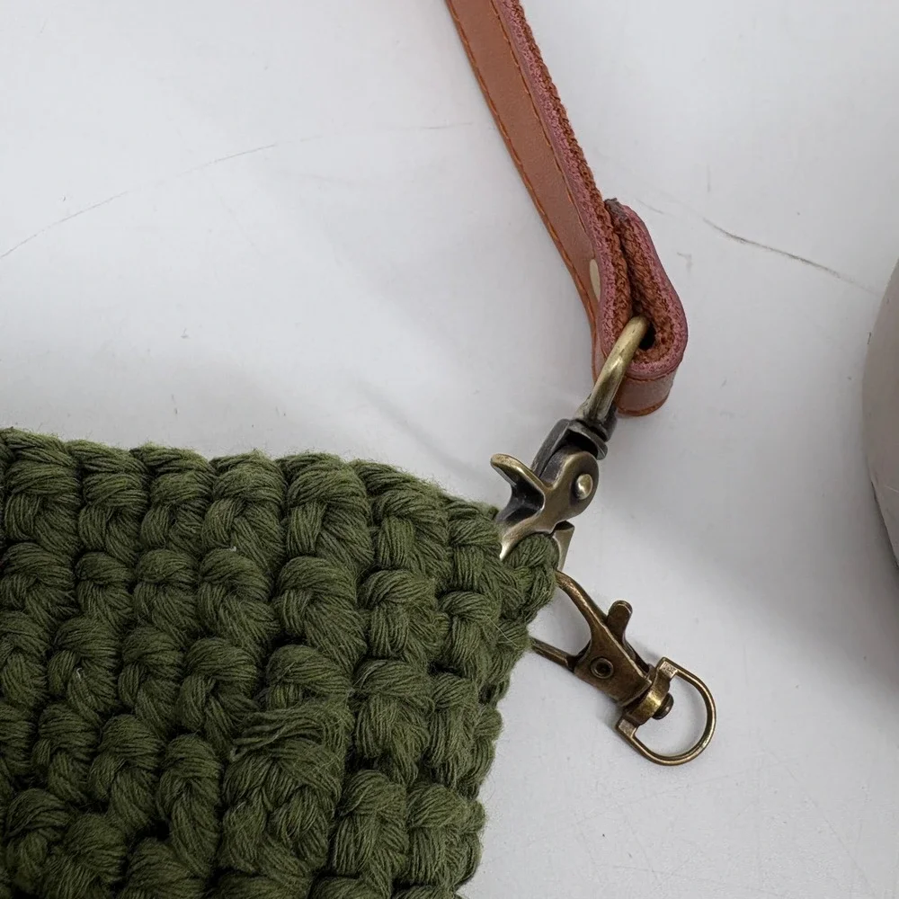 Handmade Crochet Knit Bumble Bee Lined Boho Shoulder Bag Green Cream Tote